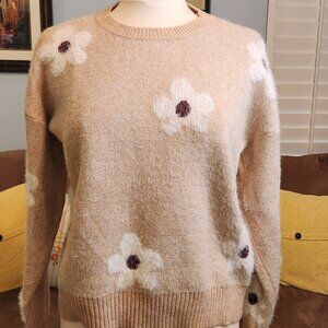 Floral Pattern Crew Neck Pullover Sweater Khaki Large (8/10)